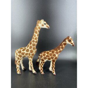 Set 2 Giraffe Figurines Mother Baby Goat Hair Fur Brown & White